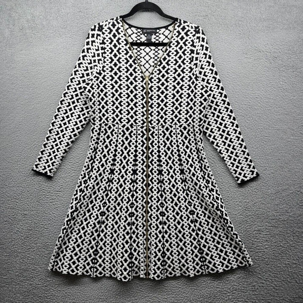 INC Women Dress Fit Flare Black White Geometric Knit Long Sleeve Zip Size 0X